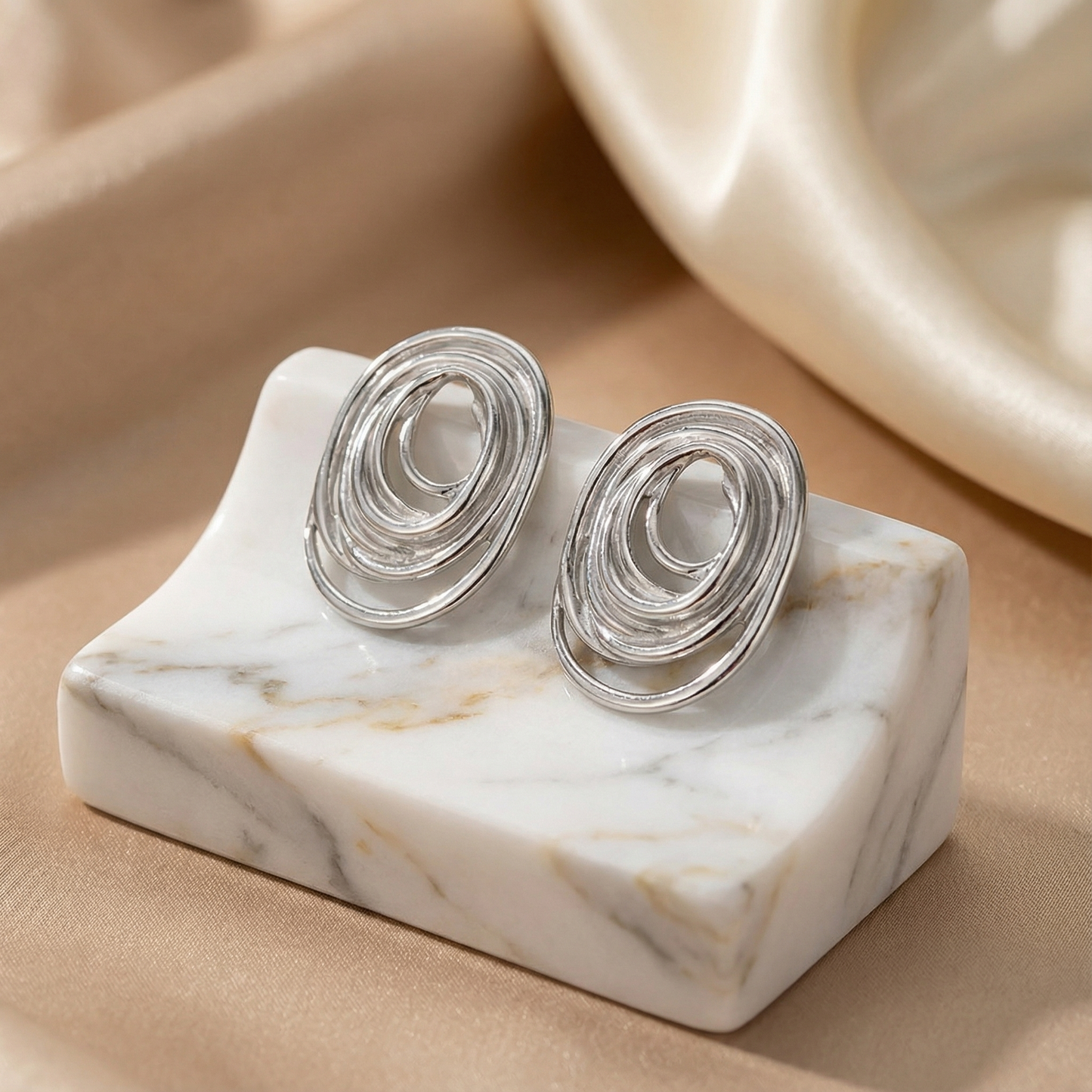 Gold Silver Sculpted Oval Earrings for Women | Modern Layered Design | Contemporary Fashion Jewelry