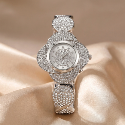 Luxury Crystal Clover Bracelet Watch in Gold, Silver & Rose Gold | Elegant Floral Diamond Statement Timepiece