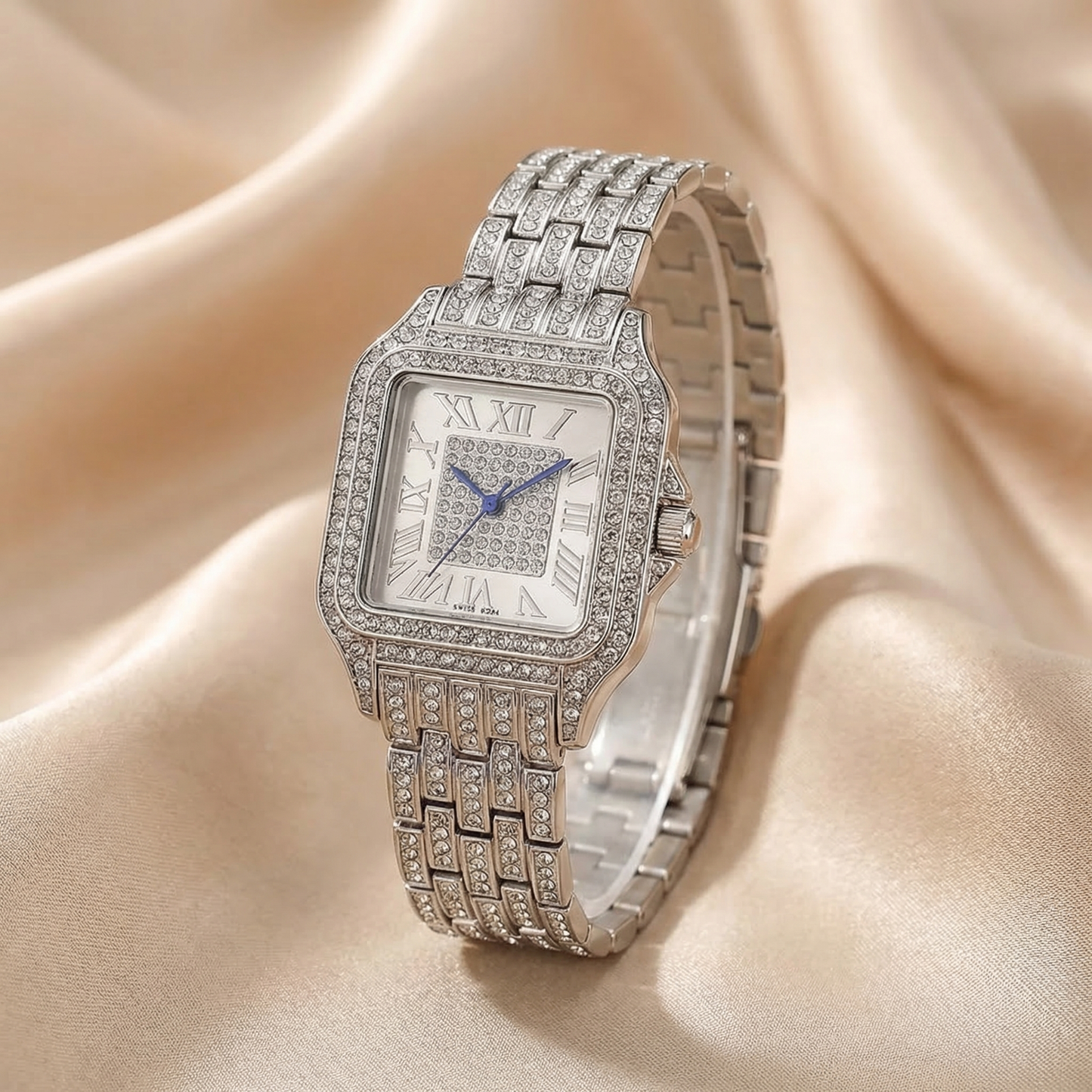 Luxury Iced Crystal Square Roman Dial Watch in Silver | Diamond Bezel Elegant Statement Bracelet Timepiece