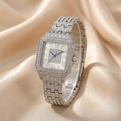 Luxury Iced Crystal Square Roman Dial Watch in Silver | Diamond Bezel Elegant Statement Bracelet Timepiece