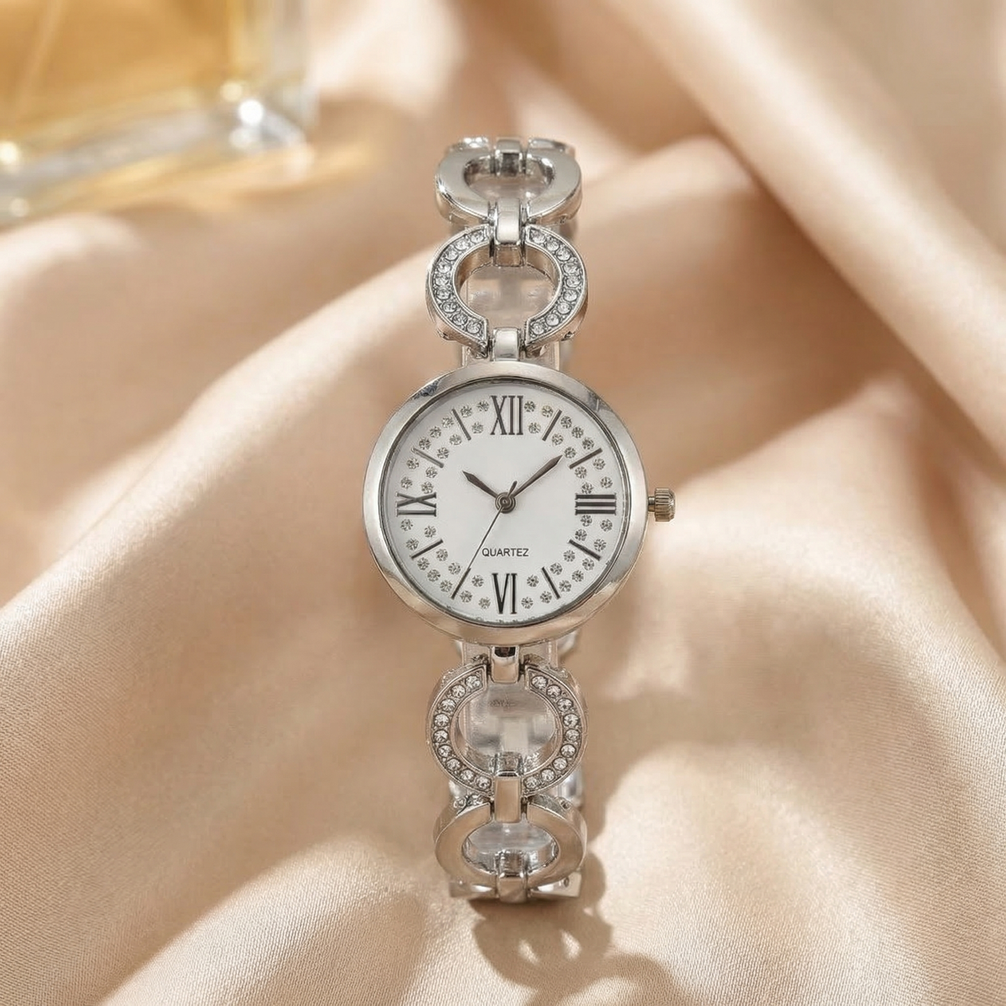 Luxury Crystal Link Bracelet Watch in Gold, Silver & Rose Gold | Elegant Roman Dial Jewellery Timepiece