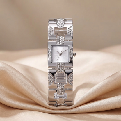 Luxury Square Crystal Link Bracelet Watch with Sunburst Dial | Elegant Geometric Women’s Timepiece in Gold & Silver