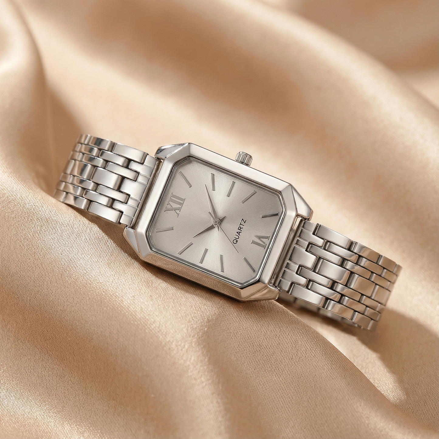 Silver Square Watch for Women | Stainless Steel Bracelet Watch | Pink Green Silver Black Dial Options | Modern Fashion Timepiece