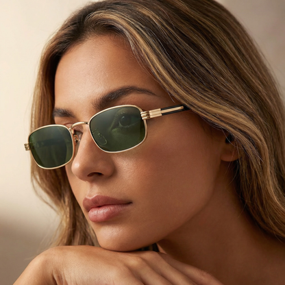 Luxury Rectangular Sunglasses in Gold with Green & Brown Lenses | Elegant Metal Frame Fashion Sunglasses for Spring & Summer Style
