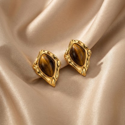Gold Brown Stone Stud Earrings for Women | Gold Statement Earrings | Elegant Sculpted Design