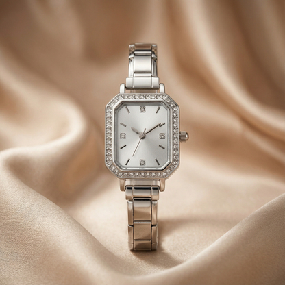 Silver Minimal Square Watch for Women | Silver Stainless Steel Watch with Stone Details | Green and White Dial Options