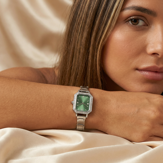 Silver Minimal Square Watch for Women | Silver Stainless Steel Watch with Stone Details | Green and White Dial Options