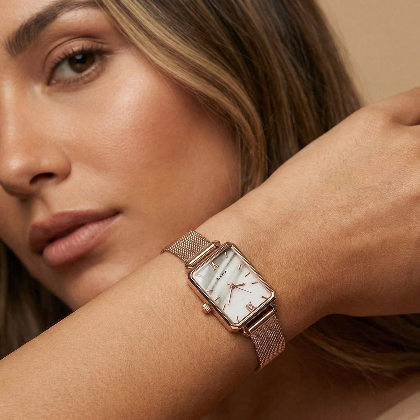 Rose Gold Rectangular Mesh Watch for Women | Rose Gold Stainless Steel Watch | Black Marble Brown Dial Options | Minimalist Timepiece