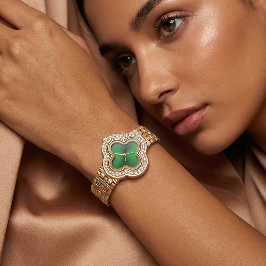Luxury Crystal Clover Bracelet Watch in Gold | Elegant Stainless Steel Quartz Watch with Diamond-Style Bezel