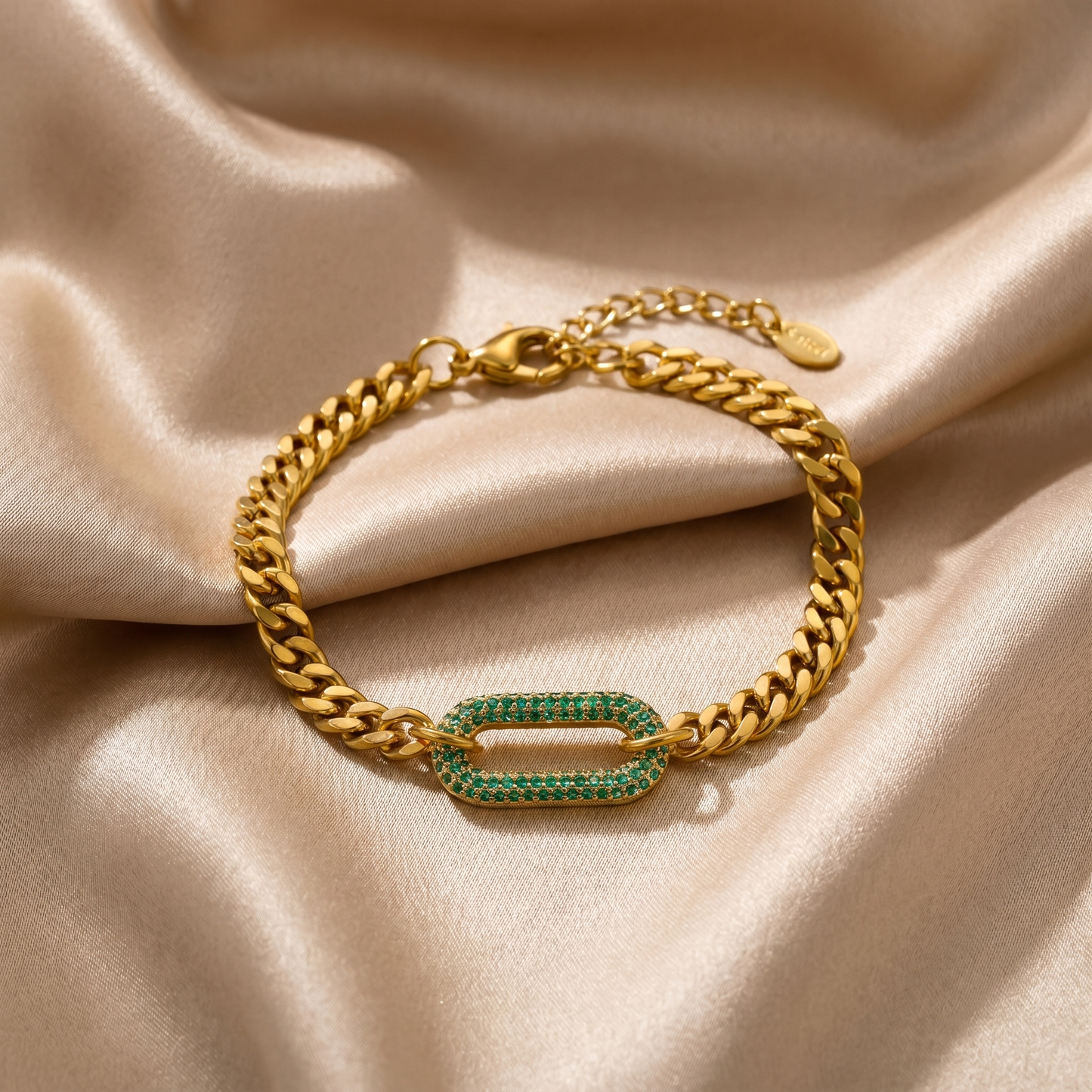 Bold Cuban Chain Bracelet with Emerald Crystal Link in Gold | Statement Luxury Design