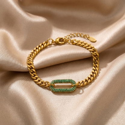 Bold Cuban Chain Bracelet with Emerald Crystal Link in Gold | Statement Luxury Design