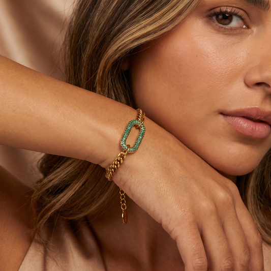 Bold Cuban Chain Bracelet with Emerald Crystal Link in Gold | Statement Luxury Design