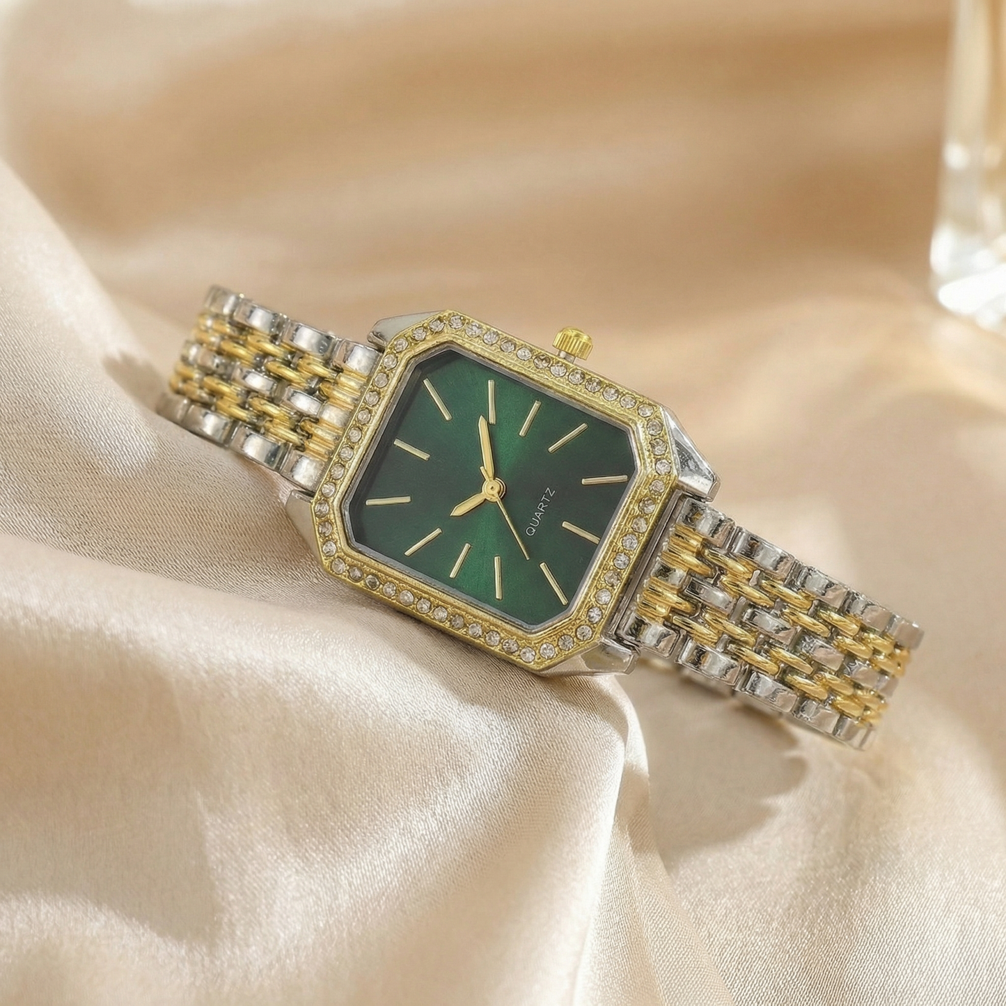 Two-Tone Stainless Steel Watch with Crystal Bezel | White & Green Dial Quartz Watch | Elegant Luxury Timepiece