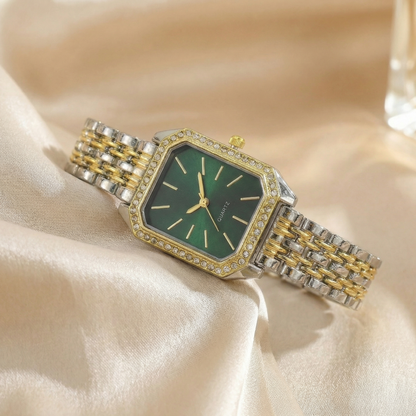 Two-Tone Stainless Steel Watch with Crystal Bezel | White & Green Dial Quartz Watch | Elegant Luxury Timepiece