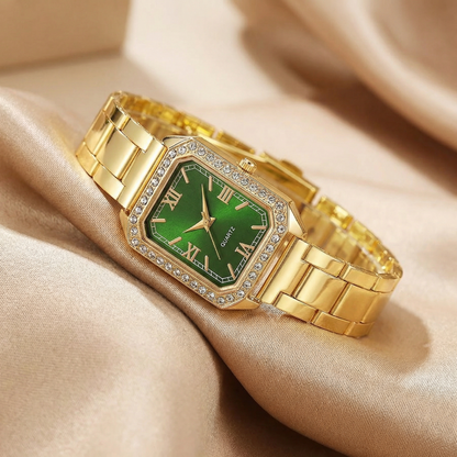 Gold Square Bracelet Watch for Women | Gold Stainless Steel Watch | Blue Green Pink White Black Dial Options | Crystal Bezel Timepiece