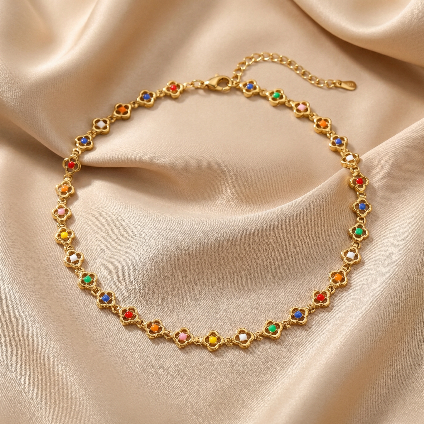 Gold Floral Stainless Steel Necklace with Multicolor Stones | Elegant Chain Necklace | Timeless Statement Jewellery