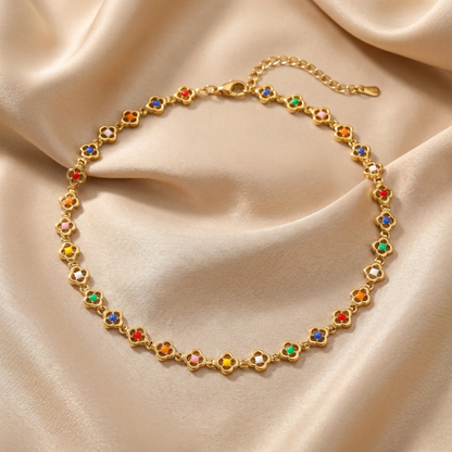 Gold Floral Stainless Steel Necklace with Multicolor Stones | Elegant Chain Necklace | Timeless Statement Jewellery