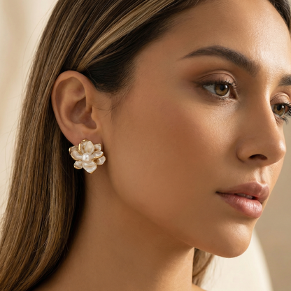 Luxury Pearl Flower Stud Earrings in Gold | Elegant Floral Earrings for Wedding, Party & Everyday Style