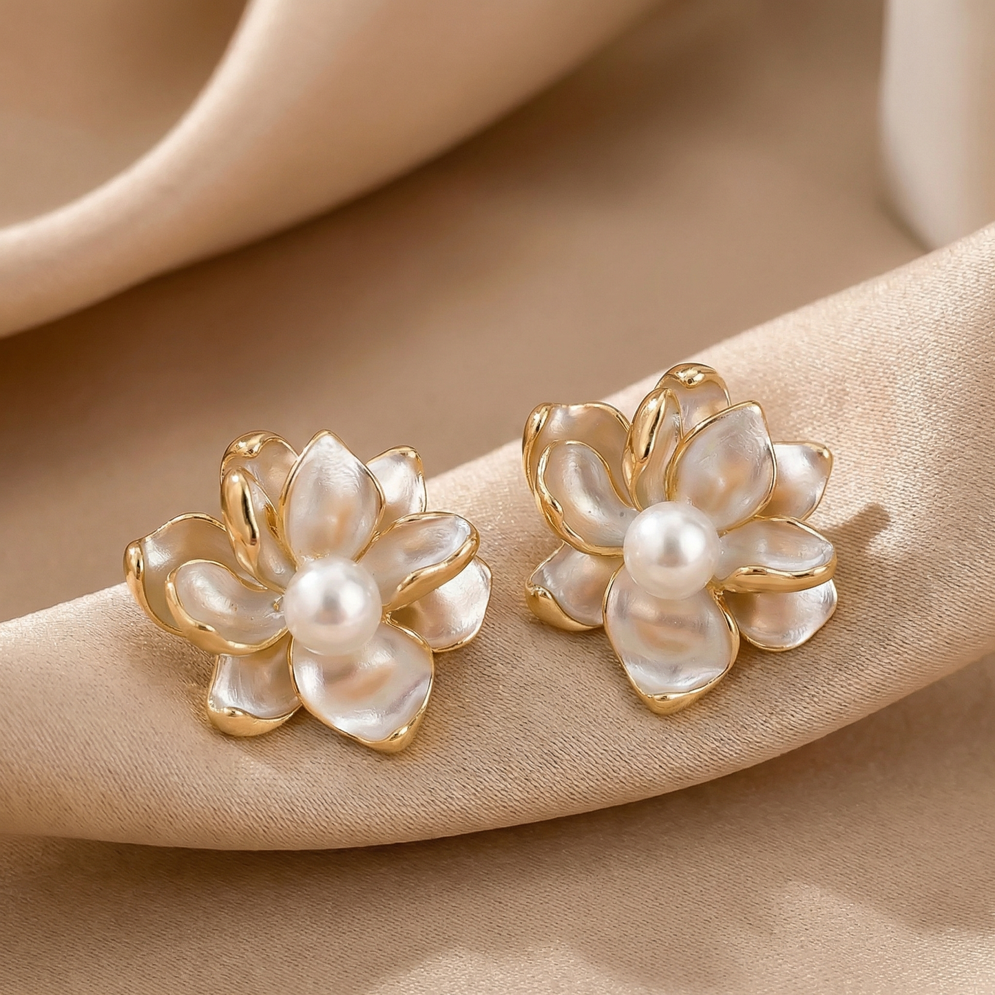 Luxury Pearl Flower Stud Earrings in Gold | Elegant Floral Earrings for Wedding, Party & Everyday Style