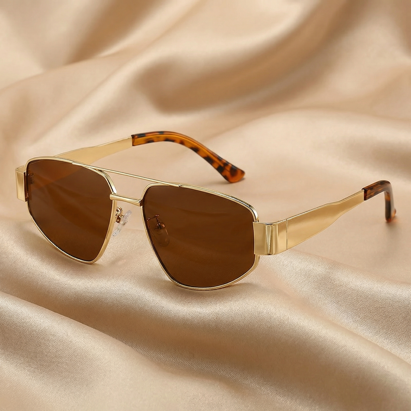 Refined Gold Square Aviator Sunglasses with Brown and Green Lenses | Elegant Metal Frame with Tortoise Detail