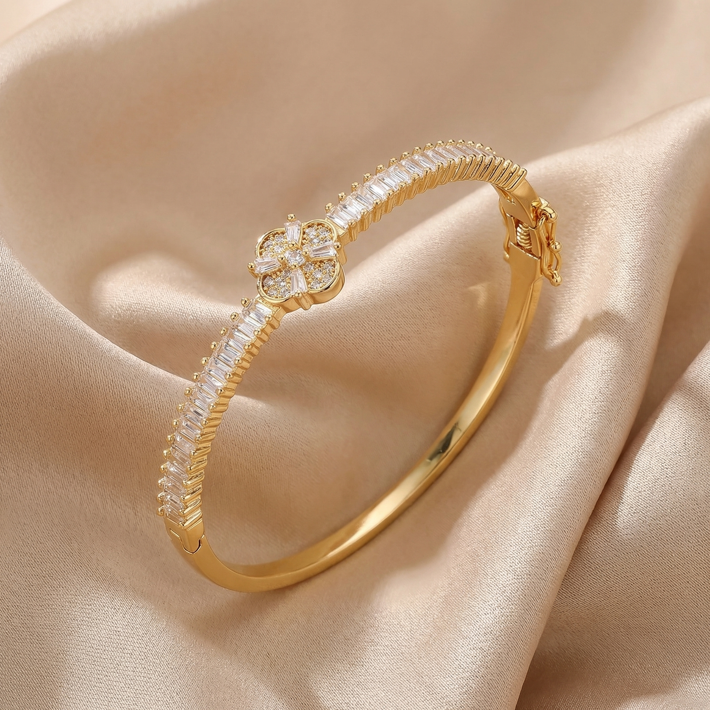 Luxury Floral Crystal Bangle Bracelet with Baguette Stones | Elegant Flower Statement Bracelet in Gold & Silver