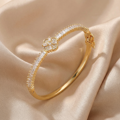 Luxury Floral Crystal Bangle Bracelet with Baguette Stones | Elegant Flower Statement Bracelet in Gold & Silver