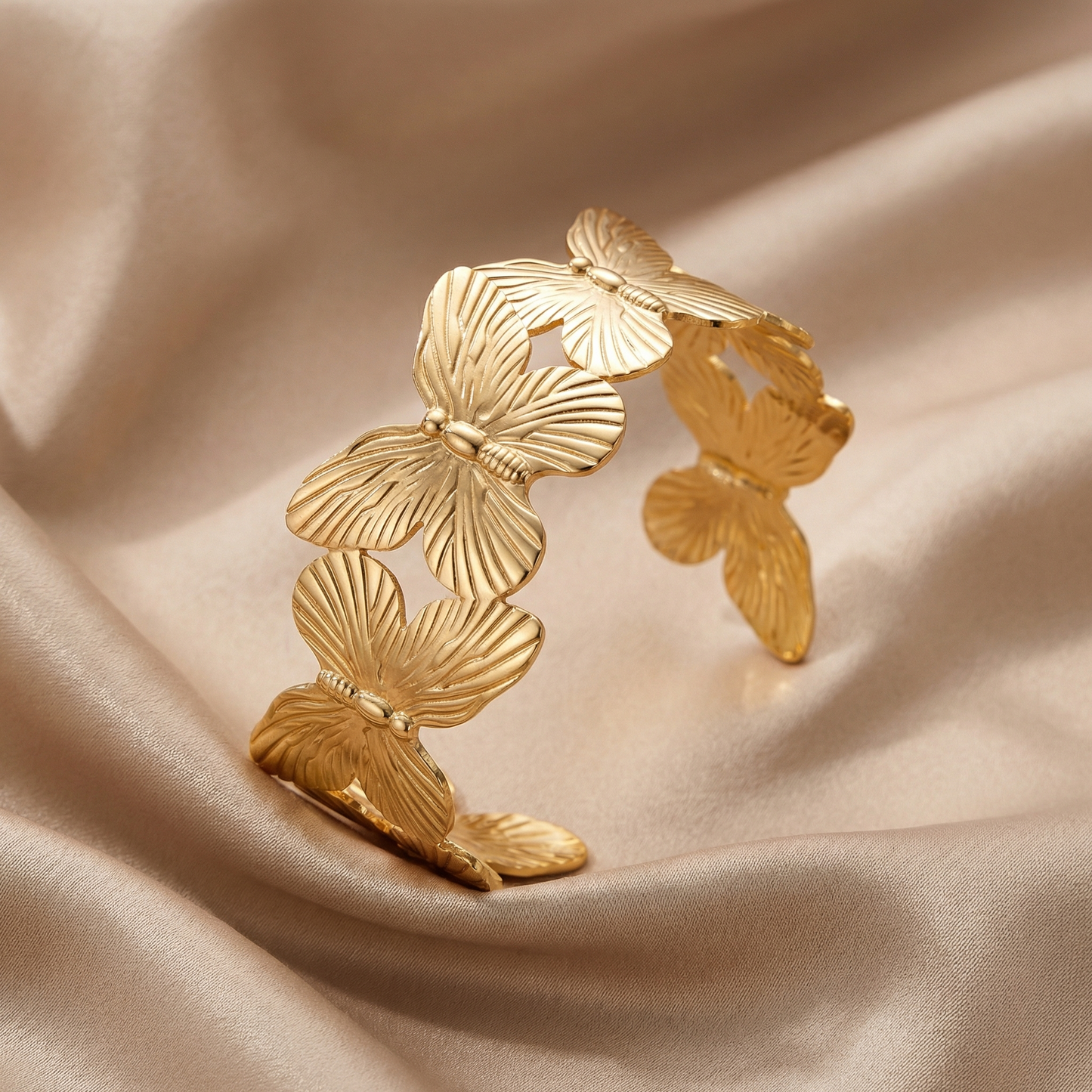 Silver & Gold Butterfly Statement Cuff Bracelet with Sculpted Wings | Polished Two-Tone Open Bangle Bracelet | Elegant Luxury Jewelry