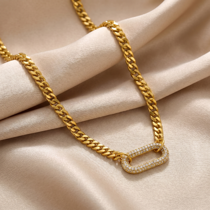 Bold Link Chain Necklace with Crystal Clasp in Gold | Statement Cuban Design
