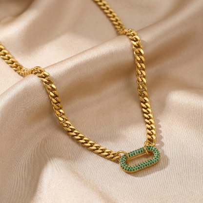 Bold Cuban Chain Necklace with Emerald Crystal Link in Gold | Statement Luxury Design