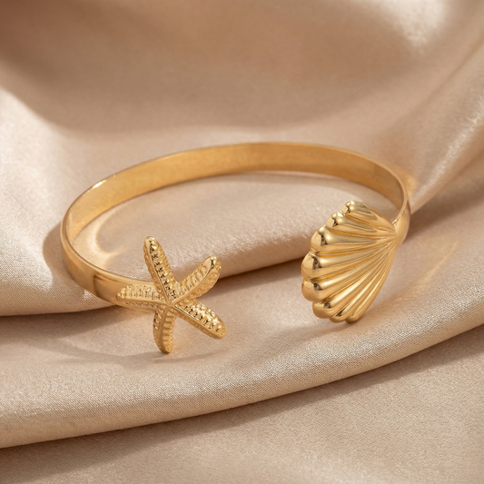 Marina Luxe Starfish & Shell Gold Cuff Bracelet | Elegant Summer Beach-Inspired Jewelry