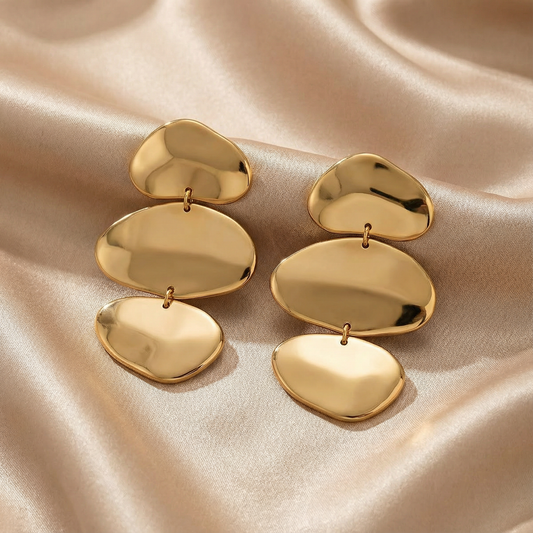 Gold Triple Disc Drop Earrings for Women | Gold Statement Earrings | Polished Layered Design