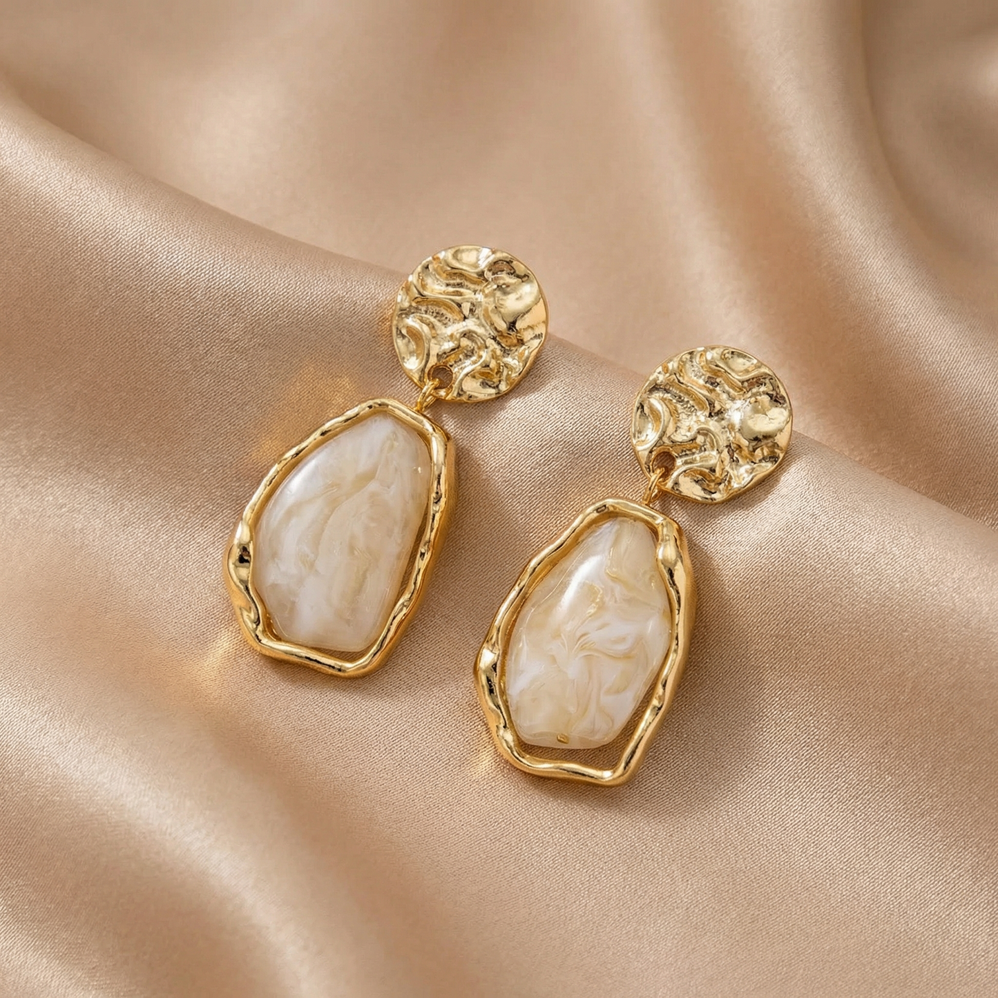 Luxury Textured Gold Drop Earrings with Natural Stone Effect | Statement Marble Resin Dangle Earrings in Brown, Grey & Ivory