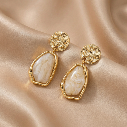Luxury Textured Gold Drop Earrings with Natural Stone Effect | Statement Marble Resin Dangle Earrings in Brown, Grey & Ivory