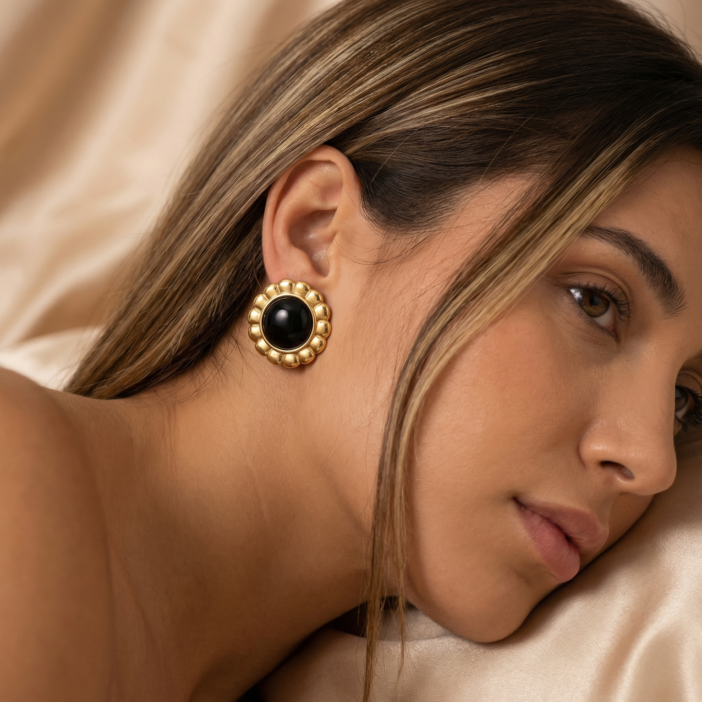 Bold Black Stone Round Stud Earrings in Gold Stainless Steel | Waterproof Statement Jewelry