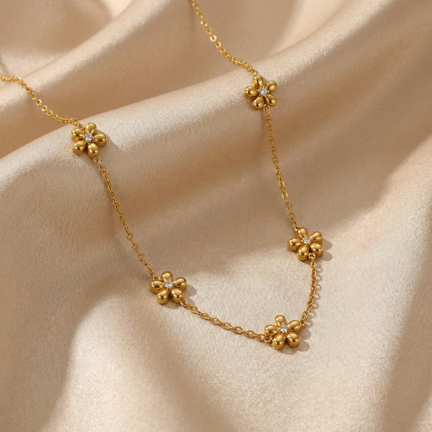 Gold Floral Beaded Chain Necklace for Women | Gold Stainless Steel Necklace | Minimal Flower Detail Jewelry