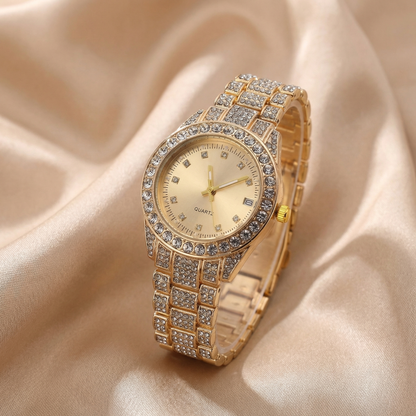 Luxury Crystal Pavé Bracelet Watch with Diamond Dial Markers | Elegant Gold Statement Timepiece with Date Display