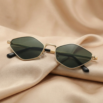 Modern Slim Hexagon Sunglasses in Gold with Green, Black & Brown Lenses | Lightweight Minimalist Metal Frame