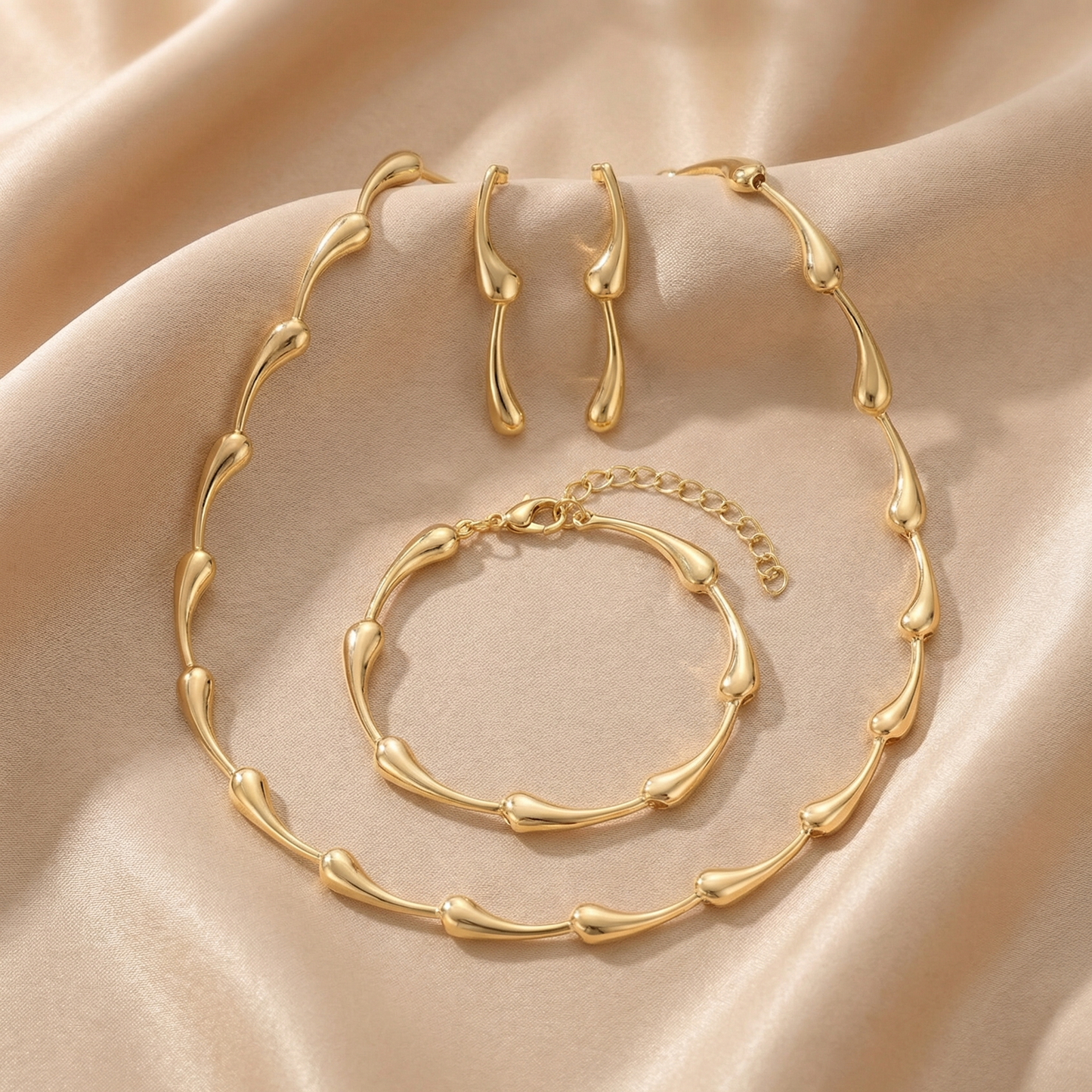 Gold & Silver Sculptural Jewelry Set | Polished Stainless Steel Necklace Bracelet & Earrings Set | Luxury Statement Jewelry