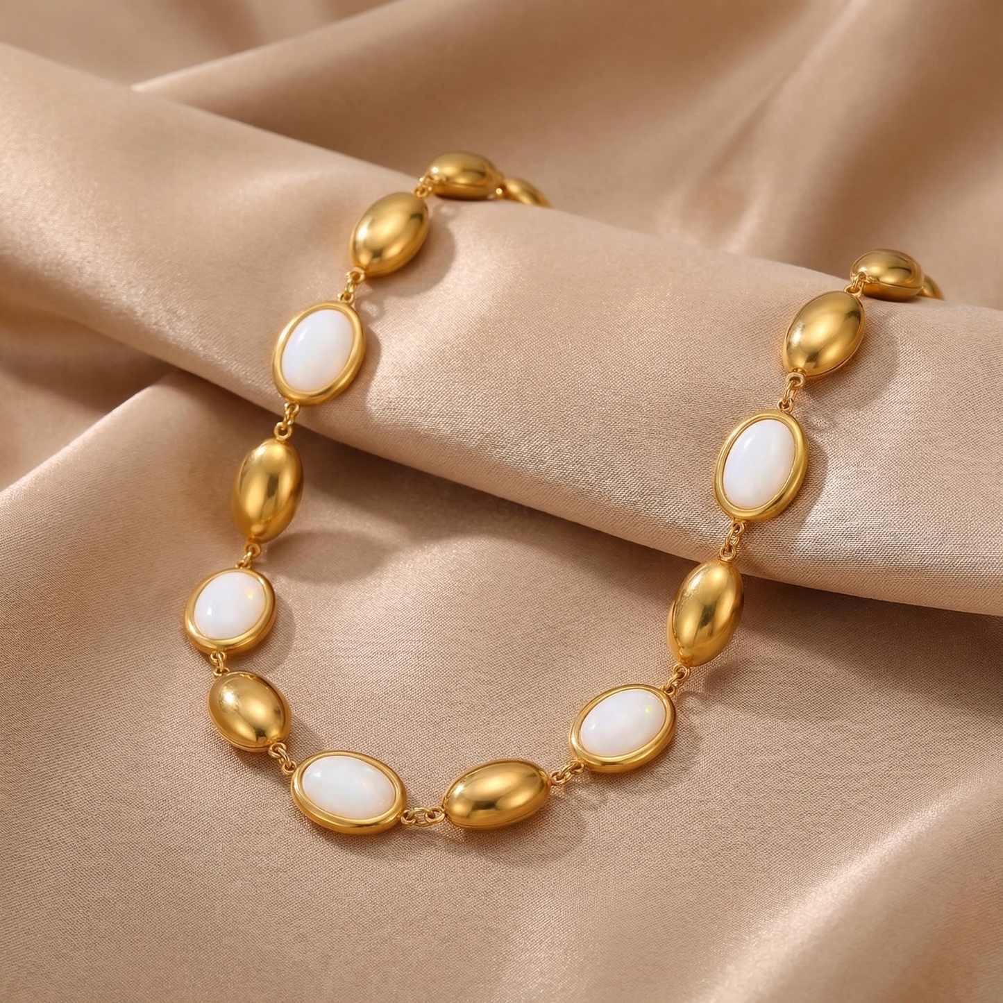 Luxury Oval Opal Link Necklace in Gold | Elegant Stainless Steel Statement Necklace with Czech Opal Stones
