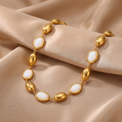 Luxury Oval Opal Link Necklace in Gold | Elegant Stainless Steel Statement Necklace with Czech Opal Stones