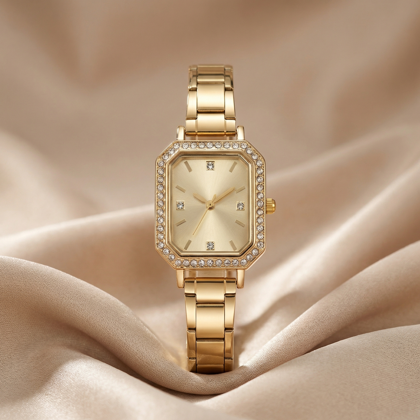 Gold Crystal Rectangle Watch for Women | Gold Stainless Steel Watch | Gold Champagne Black Dial Timepiece