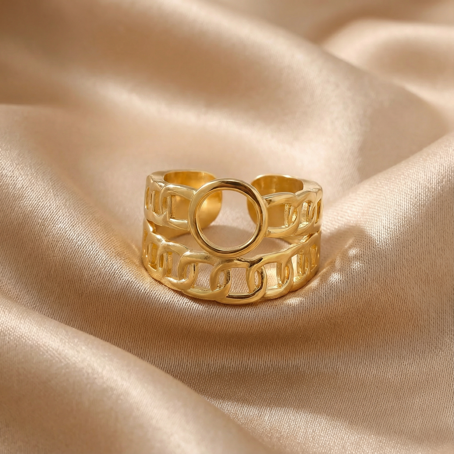 Gold Adjustable Chain Ring | Stainless Steel Open Band | Women’s Linked Design Ring | One Size Fits All