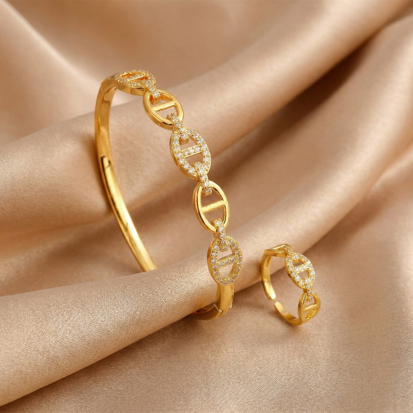 Elegant Crystal Link Bangle & Ring Set in Gold & Silver | Modern Open Cuff Bracelet with Matching Adjustable Ring