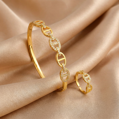 Elegant Crystal Link Bangle & Ring Set in Gold & Silver | Modern Open Cuff Bracelet with Matching Adjustable Ring