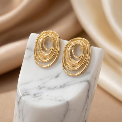 Gold Silver Sculpted Oval Earrings for Women | Modern Layered Design | Contemporary Fashion Jewelry