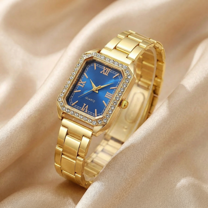 Gold Square Bracelet Watch for Women | Gold Stainless Steel Watch | Blue Green Pink White Black Dial Options | Crystal Bezel Timepiece