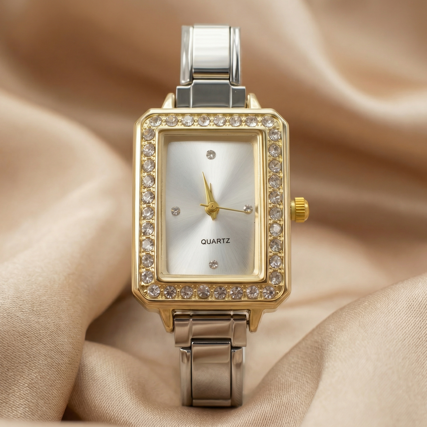 Gold & Silver Rectangular Stainless Steel Watch with Crystal Bezel | White Green Red Dial | Elegant Quartz Timepiece