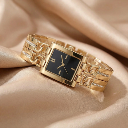 Luxury Gold Rectangular Bracelet Watch with Crystal-Link Design | Elegant Statement Dress Watch in Black, Gold & Champagne