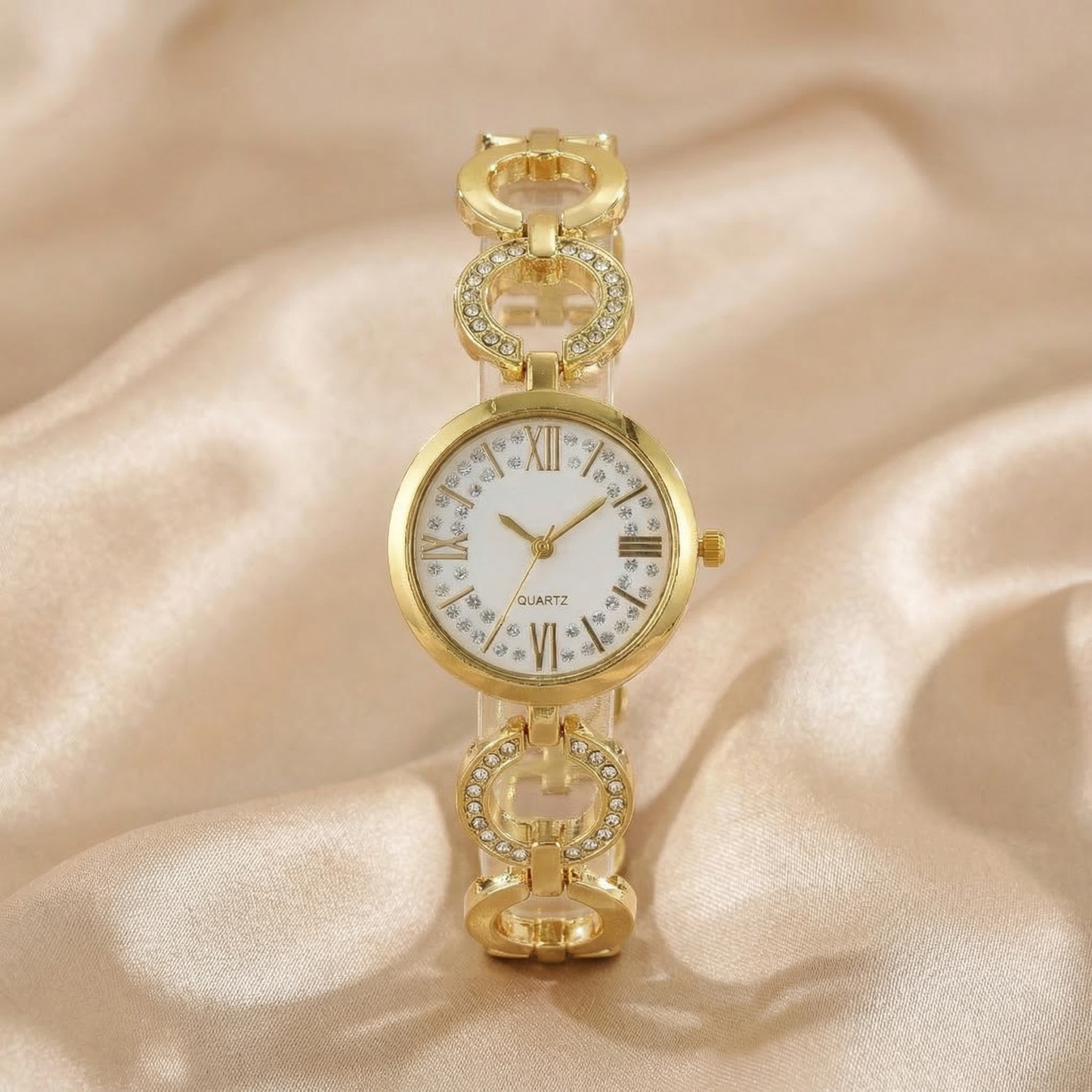 Luxury Crystal Link Bracelet Watch in Gold, Silver & Rose Gold | Elegant Roman Dial Jewellery Timepiece