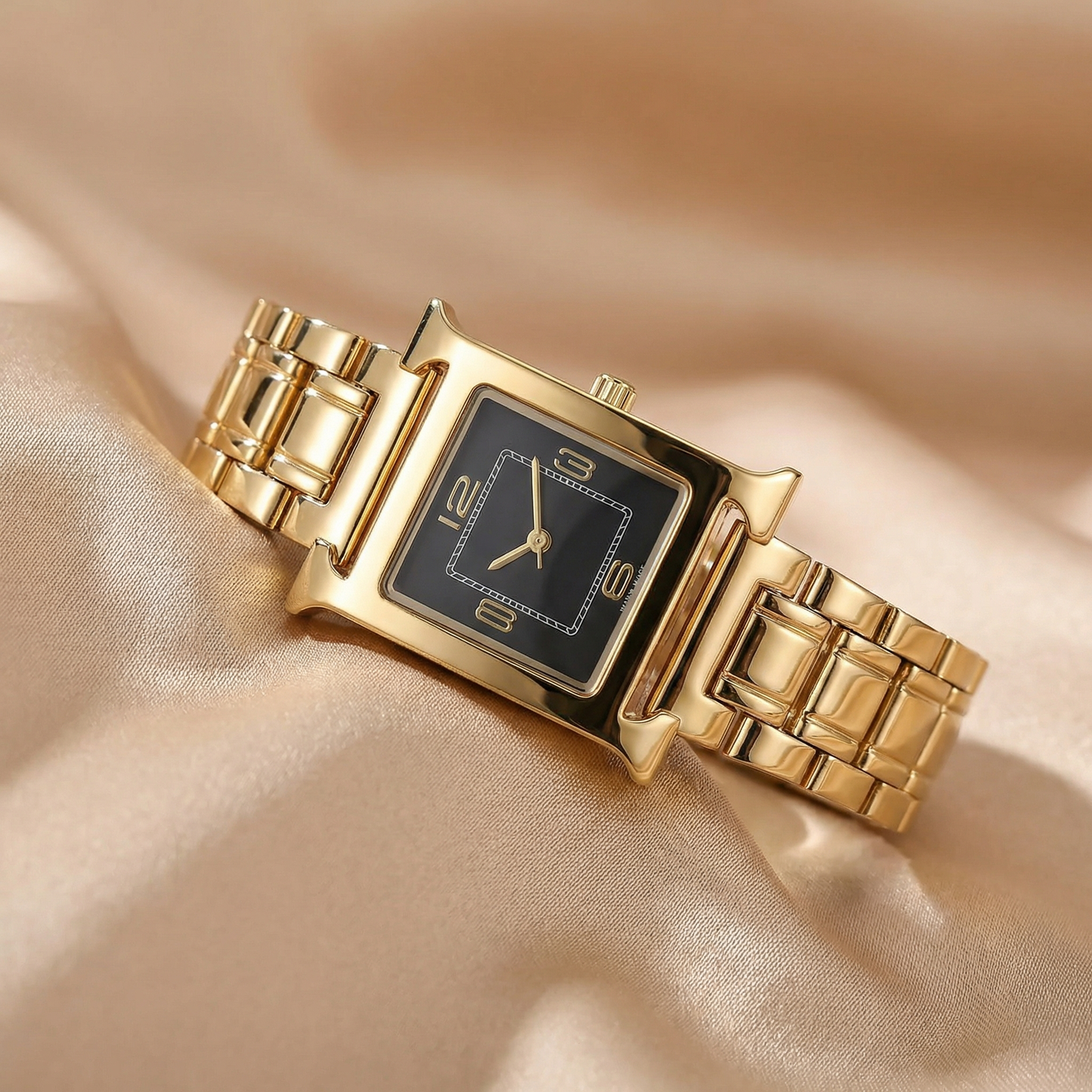 Luxury Square Gold Bracelet Watch with Minimal Dial | Elegant Vintage-Inspired Statement Timepiece in Black, White &amp; Champagne